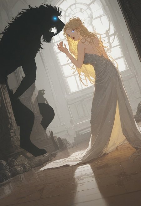 score_9, score_8_up, score_7_up, score_6_up, score_5_up, (art, dutch angle, wet floor, wooden floor, wrecked floor, beast, hulking beast, lion, solo, glowing eyes, (silhouette), 1girl, blonde hair, symmetrical bang, blue eyes, evening gown, yawning)