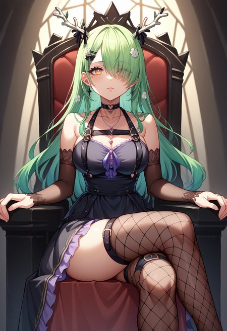 score_9, score_8_up, source_anime, 1girl, solo, FaunaGoth, mole under eye, antlers, long hair, hair over one eye, hairclip, heart choker, necklace, black dress, cleavage, chest strap, elbow gloves, fingerless gloves, o-ring thigh strap, heart o-ring, fishnet thighhighs, indoors, dark, black throne, crossed legs, sitting, on throne, <lora:ChamCeresFaunaPonyXL:1>