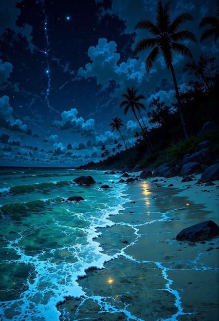 Maldives Moonlit Shore – Glowing Turquoise Waters
"A secluded beach in the Maldives, where the moon casts a shimmering silver glow over the calm turquoise sea. The gentle waves lap against the soft white sand, leaving behind a glowing trail of bioluminescent plankton. The sky is a deep indigo, sprinkled with countless stars, while swaying palm trees cast long shadows in the moonlight."