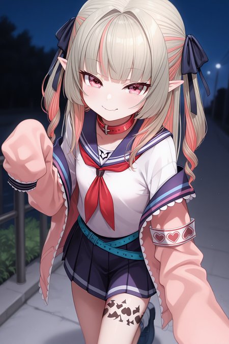 1girl,
MakaiNoRirimuNijisanji, MakaiNoRirimu4thCostume,
general, solo, half body,
grey hair, two side up, long hair, eyelashes,
no hair ornament, leg tattoo,
red collar, pink cardigan, blue sailor collar, red neckerchief, 
serafuku, blue skirt, blue belt, black footwear,
looking at viewer, 
night, outdoors,
depth of field,
<lora:kp_MakaiNoRirimuNijisanjiIllustrious_v1_0:1.0>,
masterpiece, best quality, amazing quality