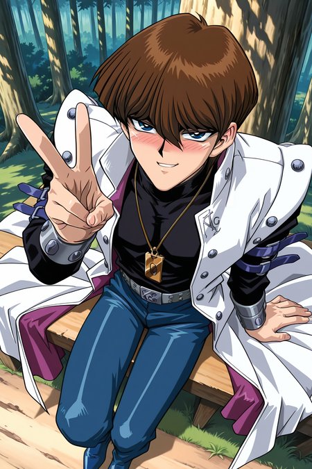 masterpiece,best quality,amazing quality, SetoKaibaYGOILXL, retro artstyle, 1boy, blue eyes, brown hair, short hair, hair between eyes, pectorals, turtleneck, white coat, open coat, black shirt, long sleeves, arm belt, necklace, guantlets, grey belt, blue pants, blue shoes, solo, sitting, above view, peace sign, seductive smile, looking at viewer, naughty face, nose blush, forest, tree   <lora:SetoKaibaYGOILXL:1>