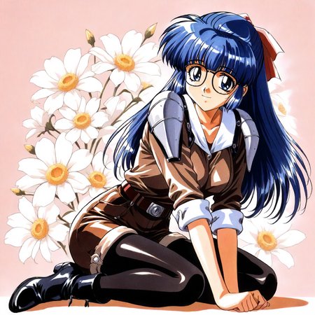 <lora:RC_maria_custardXLanimagine001>,
masterpiece,high score,great score,absurdres,
flower background,glitter,
smile,
looking at viewer,
solo,
anime coloring,retro artstyle,1990s (style),
maria_custard\(rance_series\),1girl,blue hair,half updo,hair ribbon,long hair,blue eyes,glasses,
brown shirt,wide collar,silver shoulder pad,sleeves rolled up,
brown shorts,
black_pantyhose,black boots,
full body,
sitting,