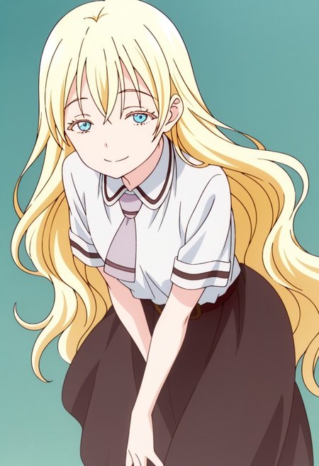 best quality, masterpiece, anime screencap, anime coloring, ultra detailed, source_anime, intricate details, perfect anatomy, looking at viewer,
olivia, long hair, blonde hair, very long hair, bangs, blue eyes, smile, shiny smile, 
simple background, full body, shirt, white socks, short sleeves, white shirt, black skirt, school uniform, closed mouth, looking at viewer, necktie, belt, collared shirt,