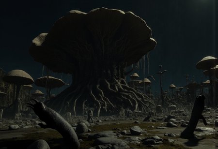 Set against a solid dark black color background to emphasize its unsettling unnatural form that emphasizes its silhouette. The medium is not a traditional painting or illustrative medium like watercolor or ink but rather a digital 3D rendering.
A nightmare landscape featuring an enchanted forest filled with massive, oversized black wet mushrooms with stems dripping saliva sparkling in dark shadows. The forest floor is covered in rocks and soft moss. moonlight filters through a gentle mist, casting cold golden beams across the scene. 
MikeFranchinastyle, d4artstyle, d4concept, , bbstyle,, horror theme,, zbrush, ZBClay model of a gray sculpture, 1990's, 1990's style