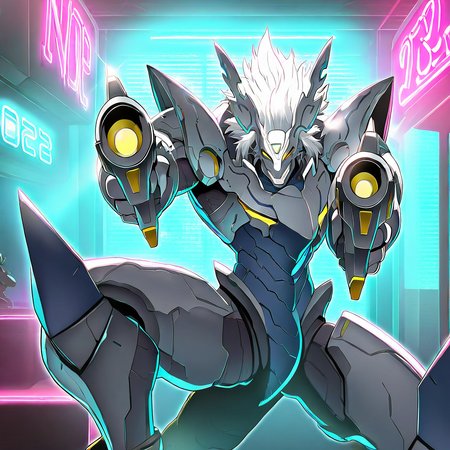 highres, best quality, masterpiece, very aesthetic, newest, year_2024, year_2023, year_2022,<lora:DorugoramonIllustrious:1>, dorugoramon,solo, 1boy,pointing gun at viewer,male focus,white hair,yellow eyes,armor,grin,smug,indoors,neon lights,cyberpunk,bar,shaded face