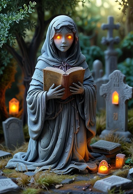 (medium full shot) of (haunting ghost) ethereal figure, transparent fading body, fading hands, faintly glowing yellow eyes, faintly glowing skin, cloaked in shadows, shimmering faintly with a cold aura, sorrowful, glowing amulet, carrying a book, set in  an ancient graveyard, with weathered tombstones, overgrown grass, a solemn atmosphere, at night,  Masterpiece,best quality, very aesthetic