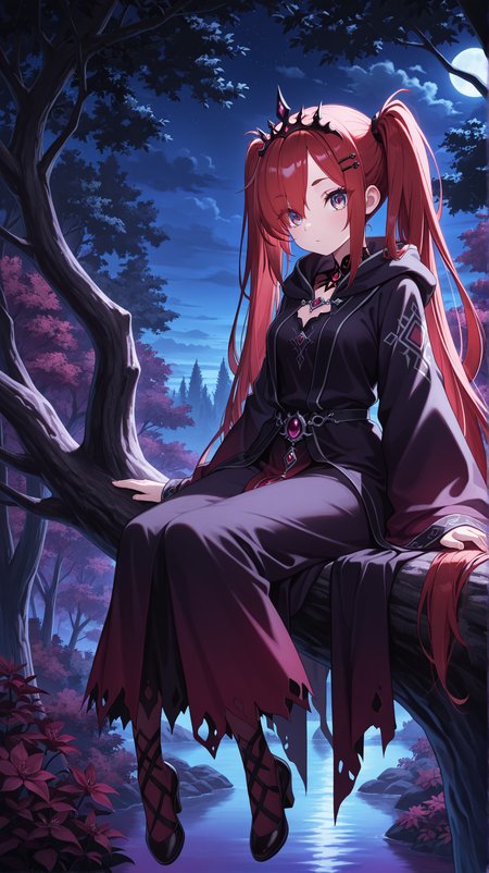 masterpiece, best quality, amazing quality, full body, 1girl, solo, red hair, long hair, detailed eyes, multicolored eyes, dark purple eyes, eyebrows, eyelashes, twintails, hairpin, tiara, eyes visible through hair, robe, sitting in tree, outside, night, nature, scenery, intricate details, dark shadows, <lora:DarkerThanDarkIllustriousV1:0.2> <lora:spo_sdxl_10ep_4k-data_lora_webui:1.5>