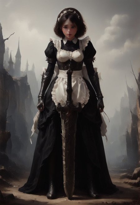 (zPDXL2),  1girl, (a cute maid grabbing a handle with her left hand:1.4), full body, (((giant sword))), wearing light armor, wearing maid outfit, short-stack, short, (waste land background, in the distance many broken weapons scattered about, battlefield, detailed background, detailed scenery),  
BREAK expressiveh