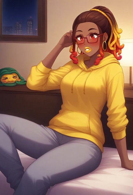 score_9, score_8_up, score_7_up, score_6_up, 1girl,  african american woman, amber eyes, dark brown skin, muscular woman, athletic woman, yellow lipstick Jiggawatt, Azarin, gold hoop earrings, gummy worm hair, gradient hair, sugar, multicolored hair, ponytail, 18yr old, blush, 
1girl, sweatpants, yellow hoodie, glasses on nightstand, sleeping, night time, indoors, bedroom, lying in bed, sleeping bag, sleeping, schlafsack, snake hair peeking out, lights out
