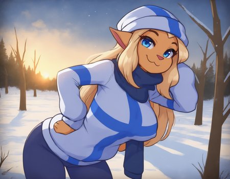 masterpiece, very awa, best quality, newest, absurdres, highres, animification,
detailed background, outdoors, forest, sunrise, winter, snow,
1girl, solo, mimmisuomi,
blonde hair, long hair, sidelocks, large breasts, blue eyes,
standing, sweater, flag print, finnish flag, yoga pants, straight-on, looking at viewer, :3, blue scarf, beanie, hand on own hip, cowboy shot, arms behind back, leaning forward, 
<lora:bigusmixv6:1>,  <lora:mimmi v3:1>