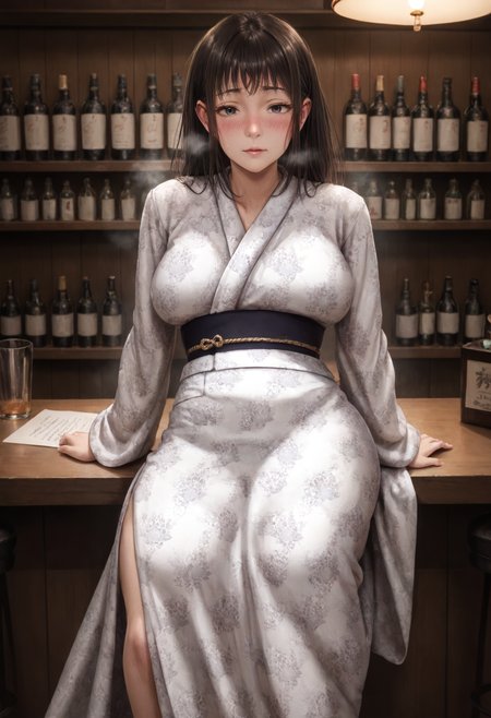 score_8, score_7_up, 1girl, solo, female, sak1, white and gold kimono, blush, sitting, dark bar, japanese bar, steam, humid, volumetric lighting,  <lora:Saki_Scars_of_Summer:0.8>