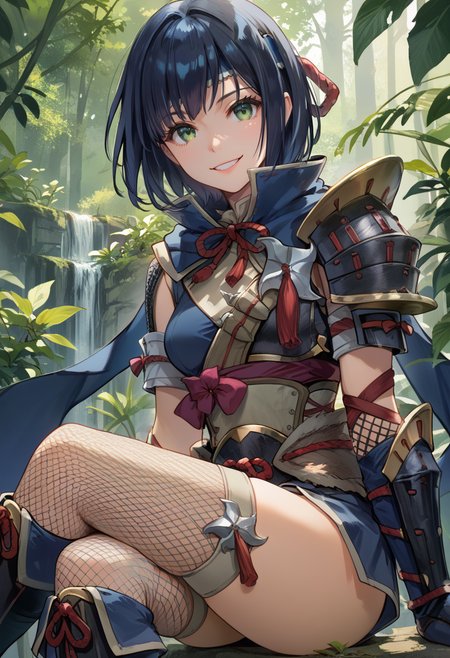 (score_9:0.9),score_8_up,score_7_up,rating_safe,realsitic,(zPDXL),<lora:kamura armor ponyXL v1:0.76>,1girl,solo,blue headband,smile,short hair,sitting,green eyes,blue hair,blue gauntlets,looking at viewer,fishnet thighhighs,black hair,blue scarf,kamura armor,blue knee boots,black shoulder armor,