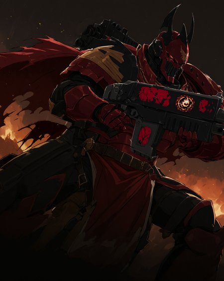 gothic architecture,  background, extremely detailed, absurdres, masterpiece, cel shading,
BREAK
Anime Illustration, full body, Space Marine, word bearers  legion, portrait, charging forward,  . He is holding aiming, a bltgun bolter weapon.  He is wearing a dark_red  helmet, intricate dark_red   armor, steel-colored trimmings, cross detailing, tabard, torn cape, dark_red  gauntlets, black fur, dark_red  plate armor, dark_red  full armor, panoply,
<lora:Astartes:0.8>  <lora:Bad_Hands_lora:0.8>  <lora:Bolter_-_Warhammer_40000_SDXL:1>  <lora:add-detail-xl:1> <lora:sinfully_stylish_SDKL:1> <lora:Expressive_H:1>