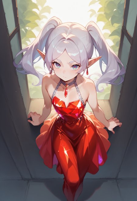 score_9, score_8_up, score_7_up, score_6_up, source anime,
nereirfpnxl, frieren, pointy ears, elf, red earrings, twintails,
crystalline dress, bare shoulders, looking at viewer, from above, hip vent,
volumetric lighting, low key, high contrast, dark room, furniture, indoors, vivid color, window,
masterpeice, best quality, very aesthetic, absurdres
<lora:frieren_nereirfpnxl_pony_v2:0.8>
 <lora:crystalline_dress-PD-1.0:1>