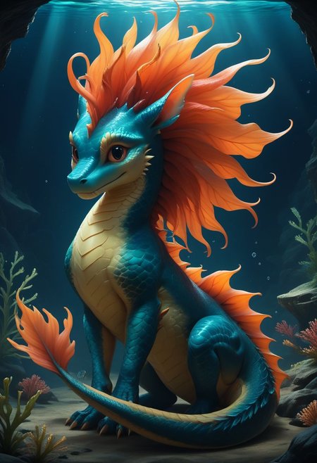 score_9, score_8_up, score_7_up, score_6_up, score_5_up, score_4_up, waterelements,beautiful expressive cute  face, underwater, extremely detailed, beautiful underwater cute dragon creature, no humans, extremely detailed scales,  seaweed mane, fishtail, beautiful eyes, moonlight, realistic, high quality, detailed, fantasy dark cave background, sparkling water,  dark shadows, glowing in the dark, bright colors, high contrast, dark background, vivid lighting,