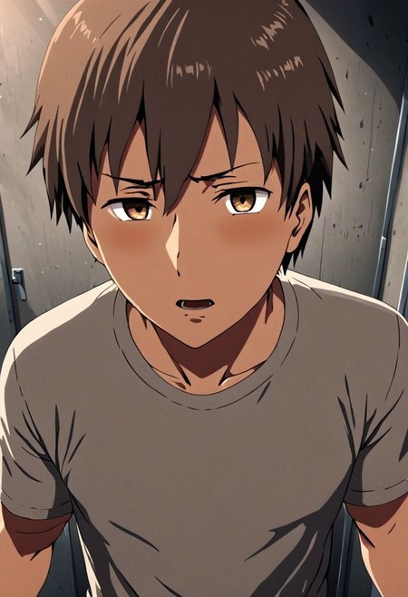 high resolution, solo, best quality, 1Boy, Takaki Toono, Brownish Hair, Brown Eyes, kabedon POV, T-Shirt, OverallDetail