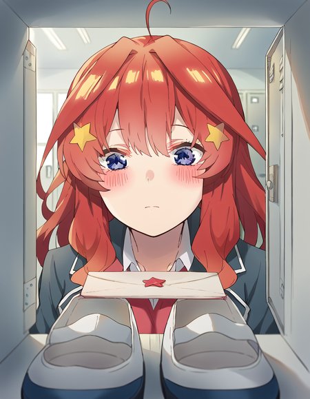 score_9, score_8_up, score_7_up, source_anime, <lora:itsuki-nakano-s2-ponyxl-lora-nochekaiser:1>, itsuki nakano, bangs, blue eyes, hair between eyes, ahoge, red hair, star (symbol), hair ornament, star hair ornament, mature female, large breasts, <lora:shoe-locker-pov-ponyxl-lora-nochekaiser:1> shoe locker pov, locker, letter, school, gift box, unworn shoes, blush,, ,