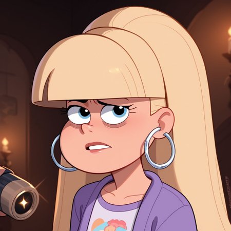 score_9, score_8_up, score_7_up, score_6_up, score_5_up, score_4_up, 1girls, Pacifica, blond hair, in a haunted house, flashlight, hoop earrings, solo