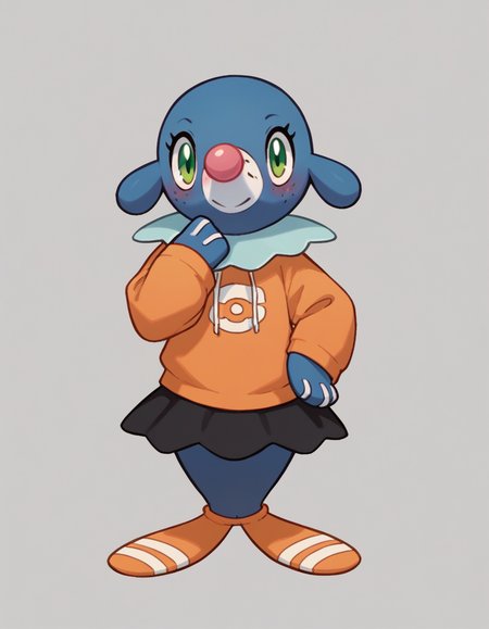 score_9, score_8_up, score_7_up, score_6_up, score_5_up, score_4_up, 1girl, full body, solo, furry female, 
oversized hooded sweater, black skirt, socks, orange socks, standing, hand on own hip, hand to own mouth, looking at viewer, blush, <lora:Popplio_v0-4-lora:0.8> popplio, blue fur, white snout, pink nose, droopy ears, whisker markings, blue collar, frilled collar, pokemon \(creature\), (seal \(animal\):1.2), green eyes, eyelashes, pinniped, flippers, freckles