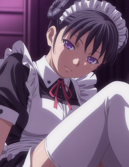 1girl, solo, araki madoka, black hair, short hair, twin buns, purple eyes, maid, maid headdress, short sleeves, neck ribbon, white thighhighs, reclining, seductive smile, depth of field, blurry background, (dark theme, low light:1.3), (anime coloring:1.2) <lora:araki_madoka_ilxl_v1:0.8>