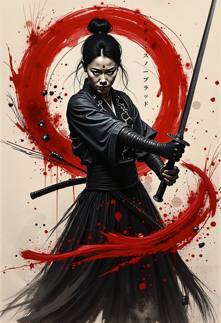 Create an abstract b&w ink painting: A dynamic painting of a woman wielding a sword. The woman is dressed in traditional white clothing with hair tied in a knot, her beautiful face covers in shadow. The scene captures the motion of the sword with bold red and black brushstrokes, creating a dramatic effect. The background is bright, contrasting with the dark and red colors of the figure and brushstrokes. Red splatters and lines add an intense and energetic atmosphere. The painting features a mix of expressionism and abstract art, with symbolic representation of strength and movement. Influences of traditional Japanese art and culture are evident in a dezent monochromatic scheme, primarily with shades of black, white, and red.