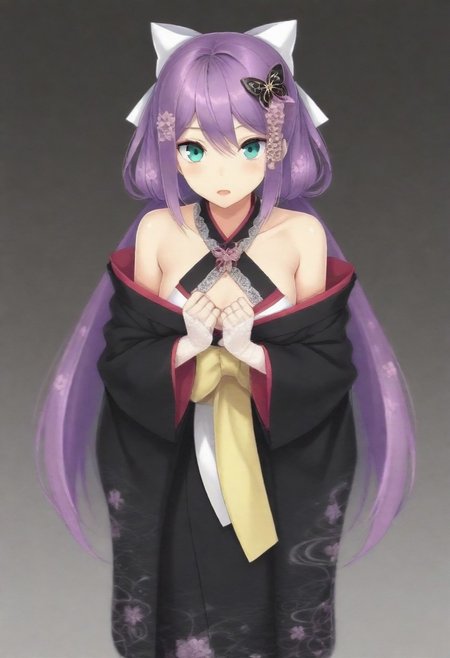 masterpiece, best quality, amazing quality,,, shiny skin,,,,,,,,nijiritsuki,,green eye,purple hair,makeup,long hair,low twintails,butterfly ornament,hair bow,white bow,hair flower,nijiritsukicos,black kimono,floral print kimono,frill-trimmed kimono,lace-trimmed kimono,off shoulder,bare shoulder,x-cross halterneck,long sleeves,wide sleeves,long skirt,obi,sash,waist bow,long bow,white lace gloves,long gloves,fingerless gloves,