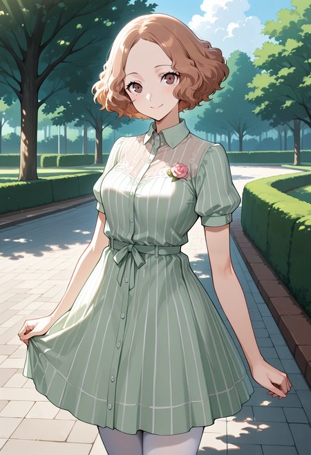 (masterwork, masterpiece, best quality, hyper-detailed),
1 girl, solo, 
p5haru, brown hair, short hair, wavy hair,
p5haru-summercas, dress, striped dress, light green dress, pink rose, rose embroidery, short sleeves, puffy sleeves, white pantyhose,
outdoors, park, trees, looking at viewer, smile, cowboy shot,