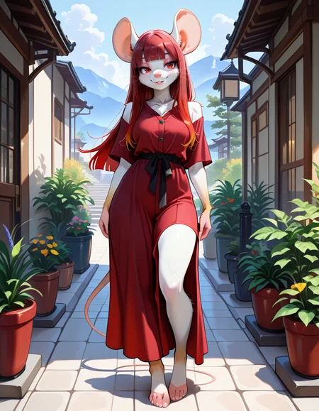 masterpiece, best quality, very aesthetic, absurdres,
outdoors,
full body,  standing, posing, casual, 
seductive smile, parted lips, long eyelashes,
<lora:Aniya_v01_NAIXL:1>
Aniya, 1girl, solo, furry, furry female, mouse girl, long hair, red hair, gradient hair, straight hair, blunt bangs, sidelocks, red eyes, long snout, animal nose, whiskers, body fur, white fur,