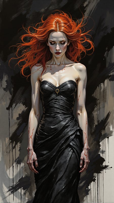 A dark fantasy digital painting depicting a woman with blight skin and slender, muscular arms and supernatural flowing untamed red hair that moves like flames against a gloomy abstract background. The woman wears a dramatic black evening gown with a sweetheart neckline that billows and flows around her athletic figure. Her beautiful slim face shows downcast eyes, against a dark, rocky cliff backdrop, creating an expression of melancholy. The composition places the woman centrally in the frame, viewed from a slight low angle, with abstract vertical rocky formations creating an ominous atmosphere through loose brushstrokes and dark drips. The color palette consists of blacks, grays, and vibrant red tones throughout the painting. Dramatic digital painting with atmospheric lighting and expressive brushstrokes on a dark background.