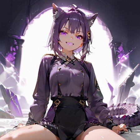 score_9_up, score_8_up, score_7_up, best quality, high quality, masterpiece, extremely detailed character, detailed eyes, beautiful face, source anime, 
<lora:nekomata_okayu_sdxl_pony:1>
okayu, ahoge, cat tail, shiny purple hair, slender, 
1girl, sitting, soft smile, Obsidra, dragon girl, purple hair, purple scales, claws,