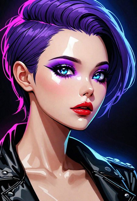 neo noir style portrait of a beautiful woman painted on wall with light, stunning beauty, soft light, pastel colors ,black and purple hair, dark punk, heavy makeup, line art, postmodernism, neo noir,   simple background, glowing lips, lips closed, light smile, masterpiece, natural style,  braided mohawk,, realistic and detailed eyes, beautiful eyes, amazing eyes,kawaii makeup dark makeup, nerd, red glowing lips, bangs,