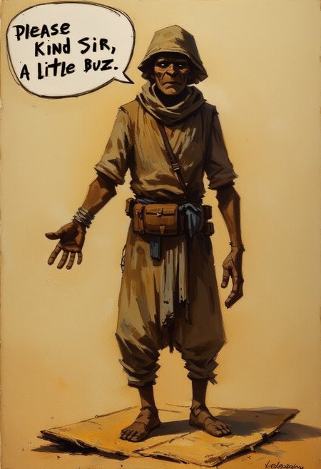 oil painting of a poor beggar sitting on cardboard. Holding out his hand to the viewer. speechbubble "Please kind sir, a little buzz"