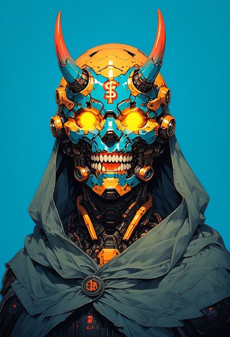 score_9, score_8_up, score_7_up, score_6_up, source_anime, lineart, B0ld01lp41nt, 
solo, 1head, forest green helmet, no humans, glowing mechanical eyes, spiral horns, oni teeth, robot, mecha, beaten brown cloak, science fiction, cyborg, mechanical parts, humanoid robot, 
science fiction, sinozick style, flat color, dark theme, Expressiveh, l0g0, simple background