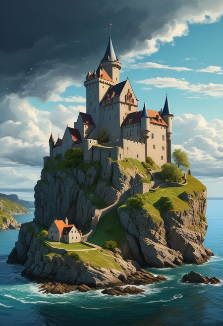 Classic illustration in Art Noveau style, realistic, detailled,  photografic, small village around a castle in a small rock island, ocean, tempest,  realistic, medieval, correct geometry, perfect, beautiful colors, day time, dark scenary, masterpiece, cloudy day,