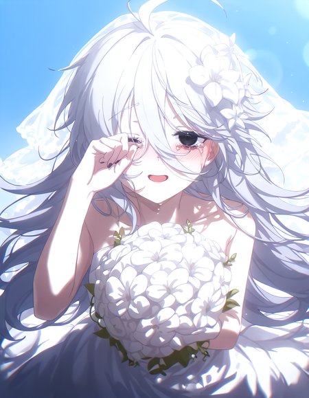 1girl, solo, black eyes, dappled sunlight, bags_under_eyes, happy tears, open mouth, rubbing eyes, white_hair, grey_hair, very_long_hair, long bangs, ahoge, Shadwo, <lora:Shadow:0.4>, (masterpiece, best quality, highres:1.2), from above, arm up, floating hair, blush, looking at viewer, blue sky, lens flare, holding bouquet, wedding dress, veil, bokeh, hair flower, white flower, blurry, upper body, konya karasue, <lora:KonyaKarasue:0.6>, nail polish