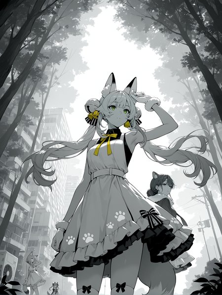 IllustriousQual <lora:cfg_scale_boost:0.3> <lora:StS-Illustrious-Detail-Slider-v1.0:3>,detailed_background,outdoors,animal ear fluff,eyelashes,cowboy shot,double bun,striped bow,cover page,too many watermarks,city,kamu \(poulro\),green eyes,bare shoulders,hair ornament,apartment,tail,fur-trimmed gloves,air conditioner,floating hair,short dress,day,white bow,cover,twintails,solo,hair bun,monochrome,dot nose,yellow ribbon,paw print,black shirt,shirt,absurdres,long hair,hair bow,scenery,nature,school uniform,yellow bow,outdoors,collared shirt,greyscale,multiple girls,fox ears,from below,fur trim,white gloves,ribbon,dress bow,gloves,thighhighs,paw print pattern,high collar,2girls,frilled dress,weibo watermark,sleeveless,white dress,shirt under dress,sleeveless shirt,dress,fox girl,forest,hair bell,arm up,highres,sleeveless dress