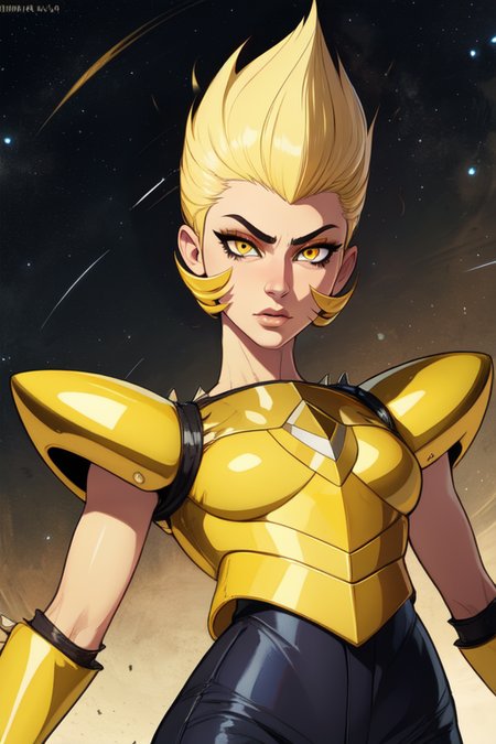 ylwdim,yellow skin, yellow eyes,  spiked hair,  blonde hair, 
gloves,pants, yellow armor, pauldrons,
standing,upper body,
stars, gold base, 
(insanely detailed, beautiful detailed face,beautiful detailed eyes, masterpiece, best quality),  <lora:yellowdiamond-10v6:0.7>