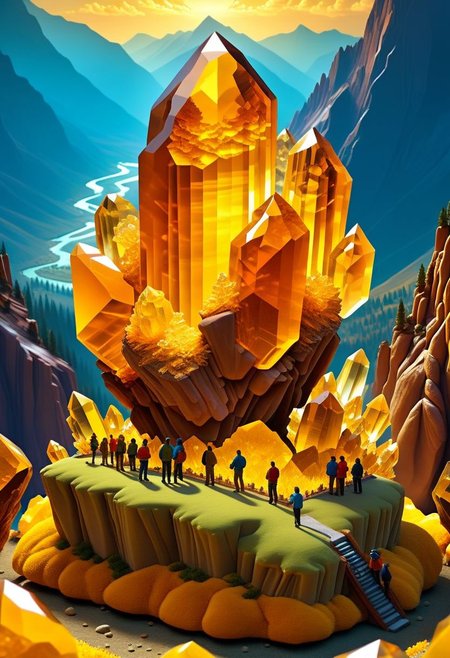 ispzxll, diorama, isometric, miniature, volumetric lighting style, intricate details, massive citrine crystal formation, natural setting, valley with mountains in background, crowds of people gathered, tourists, flash photography, news helicopter