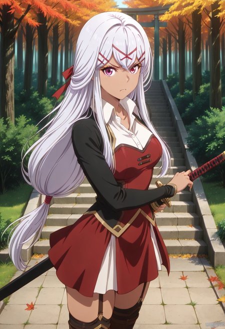 score_9, score_8_up, score_7_up, dynamic view, eye_focus, solo, looking_at_viewer, 1girl, 
masterpiece, best quality, bokeh, luminescent background,
(yulishia,  dark-skinned female, white hair, long hair, hair between eyes, bangs,  purple eyes, hair ornament, hairclip, x hair ornament, hair ribbon, red ribbon, medium breasts,   black jacked, white shirt, collared shirt, wing collar, long sleevs, red dress,  dress skirt, red skirt, black thighhighs, brown boots, scabbard, sword in scabbard, sword,
 ),
 outdoors, stairs, stone stairs, autumn, autumn leaves, (forest), nature, battoujutsu stance, ready to draw, fighting stance, unsheathing, sheath, holding sheath, cowboy shot,  torii, scenery, looking at viewer, blurry, blurry background, v-shaped eyebrows, serious, closed mouth