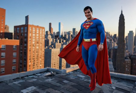 1man, solo, a handsome man in a superman suit is walking on a city rooftop with a blue and red suit on and a red cape, photorealism <lora:last:0.2>, black hair, blue eyes,  <lora:Superman v3:1>, red belt, Funny <lora:Beautiful face_alpha1.0_rank4_noxattn_last:0.5> outdoors, cityscape, golden hour, looking at viewer, closed mouth smile, Photography, stvmccrr style, stvmccrr
