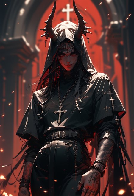 (score_9, score_8_up), score_7_up, 1girl, long hair, smile, simple background, black hair, red eyes, long sleeves, dress, jewelry, pantyhose, cowboy shot, belt, necklace, black dress, bracelet, fingernails, tattoo, chain, horns, ring, cross, veil, red background, nun, habit, cross necklace, covered eyes, hand tattoo, source_anime
dof, depth of field, blurry background, embers, CINE
 <lora:unholy-000009:0.8>   <lora:CINE-000008:0.2>