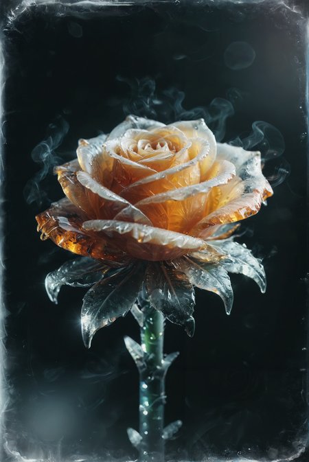 Close-up of an ice rose that appears to be made of glass. Sunlight sparkles within, reflecting and refracting through the delicate petals.,
deep depth of field, photography, Natural geographic photo, Hyper-realistic, 16k resolution, (masterpiece, award winning artwork), many details, extreme detailed, full of details, Wide range of colors, high Dynamic,
<lora:add-detail-xl:2> <lora:CBS_novuschroma37 style_b:1> novuschroma37 style, style of holga photography, light leaks, double exposure,  <lora:Ice:0.5> ice, smoke effect,  <lora:ral-amber:1> ral-amber