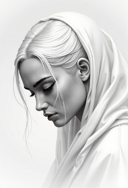 A close-up portrait in monochrome pencil and charcoal drawing of a woman with an almost ethereal beauty. She gazes thoughtfully with her head slightly bowed at the ground.

The composition uses soft and smooth transitions in white and gray tones achieved with pastel chalks.

Her face is narrow, with half-closed eyes, beautiful eyebrows, and eyelids drawn slightly darker. She has a straight nose and well-formed lips. Her long, flowing white hair cascades down her shoulders in soft waves. She is wearing a flowing, white cloak that drapes elegantly around her, partially covering her hair. 

This transition between her hair and the cloak is painted with blurry, smooth, flowing lines. 
The drawing captures a serene and calming atmosphere, emphasizing the delicate and realistic details.