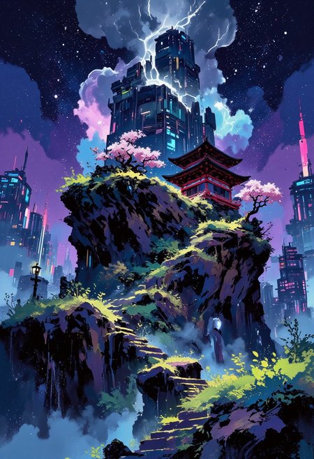 aidmafluxpro1.1, abstract style of Bruce Holwerda,
intricate linework with expressive contrasts,
A surreal view of a futuristic nighttime metropolis. In the middle of the city there is a high table mountain with steep cliffs. On the plateau of the mountain there is a cozy Japanese garden with an ancient Japanese temple, red gate, cherry blossoms and green bushes. The mountain is surrounded on all sides by cyberpunk skyscrapers with neon signs in all colors of the rainbow. The temple on the mountain is illuminated to stand out against the night sky. The garden seems ghostly and mystical. There are stone steps carved into the rock. The sky is studded with stars and swirling galaxies. A fantastic landscape.
i11ustmin Illustration
