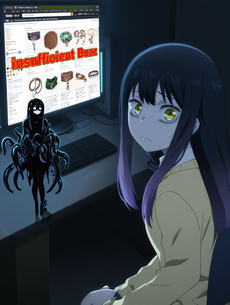 <lora:MikYotsub_LW:1.1>  MikYotsub_LW, anime screenshot, black hair, long hair, yellow eyes, gradient hair, purple hair, 1girl, solo, school uniform, necktie, white shirt, beige sweater, pleated skirt, blue skirt, 
 black ghost, monster standing on table, tentacles,
 pc, monitor,
shocked, uneasy,worried,
night,dark room,
indoors, bedroom, sitting in chair,
turn monitor to viewer, looking at viewer,
closed mouth,
mieruko-chan,
turnaround, looking back, 
masterpiece,best quality,amazing quality,