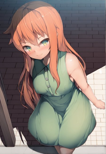 miurahha, 1girl, green eyes, smile, long hair, solo, dress, orange hair, sleeveless, green dress, shadow, 
 <lora:Miurahha_Style:1>, masterpiece, best quality, amazing quality, very aesthetic, absurdres,  newest,
