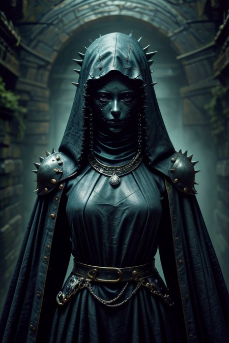 1girl,at distance,<lora:dungeon v1:0.7>,dungeon-background,dungeon,underground,stone wall,moss,<lora:cultiste:0.7>,cloak,hood up,robe,jewelry,chain,spike,<lora:Concept_-_Hella-sthetic_v2:0.7>,ceramic mask,the full and whole body,full length shot,, intricate, elegant, highly detailed, symmetry, magical atmosphere, sharp focus, majestic, very coherent, radiant, advanced, cinematic, artistic, fine detail, winning, beautiful, stunning, dramatic light, designed, rich deep colors, perfect professional background, ambient, tailored set composition