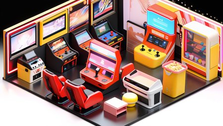 masterpiece,best quality,<lora:gamebg:0.6>,3d,white background,
room-style,durable black rubber flooring,dark walls,neon lights,retro game posters,flashing neon tubes,colorful lighting,classic arcade machines,bright screens,flashing buttons,Pac-Man,Street Fighter,Tekken,King of Fighters,coin-operated machines,game tokens,large dance machine area,glowing arrows,music rhythm,racing simulators,realistic racing seats,prize redemption area,plush toys,small electronics,game merchandise,display cabinet,rare prizes,small rest area,comfortable sofas,vending machines,drinks,snacks,