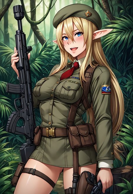 detailed, intricate details, source_anime, , (best quality) , (highly detailed) ,((masterpiece)), ((best quality)), (ultra-detailed), ((extremely detailed)), (high resolution), 4K, (8K), best quality, (beautiful), (dynamic lighting), (super detailed skin), sharp focus, (1_girl, solo focus), ,score_9, score_8_up, score_7_up, score_6_up, score_5_up, score_4_up, BREAK, <lora:cmarket0825-sdxl-000028:1>, anastasia faizland, 1girl, solo, very long hair, breasts, looking at viewer, blush, open mouth, blue eyes, blonde hair, medium breasts,, long pointy ears,, elf, ak-74u, assault rifle, belt, carbine, earmuffs, looking at viewer, gun, handgun, beret, holding, holding gun, holding weapon, holster, pouch, , rifle, tactical clothes, camouflage uniform, uniform, weapon, Jungle, Jungle camo,
 detailed eyes、detailed face and detailed skin <lora:add-detail-xl:1.0>
hiroya_oku_mecha_style