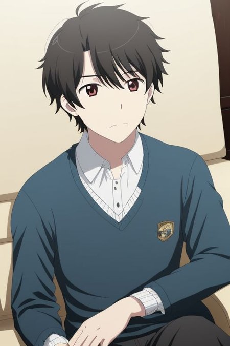 high resolution, solo, best quality, 1Boy, Inaho Kaizuka, Black Hair, deep talk, depression, sit, couch, OverallDetail
